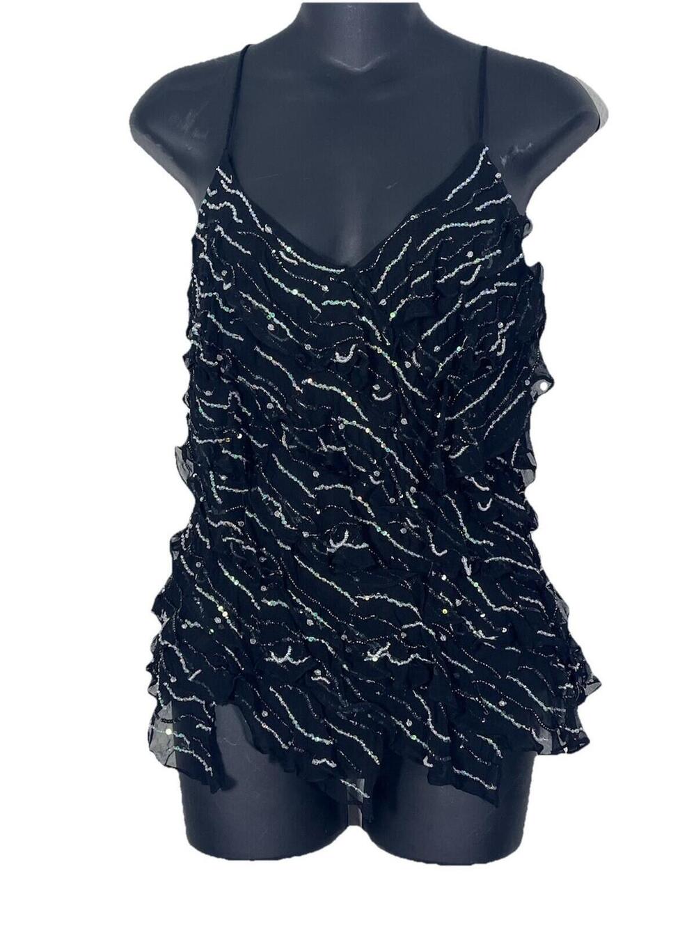 Y2K NITELINE Women’s 8 Flowy Sequin Fairy Grunge Camisole Black Silk Ruffle Top